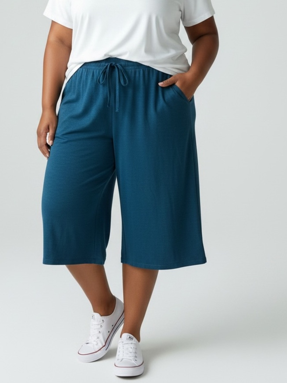 4XL Women’s Teal Wide Leg Capri Pants Drawstring Elastic Waist Boho Hippie Y2K